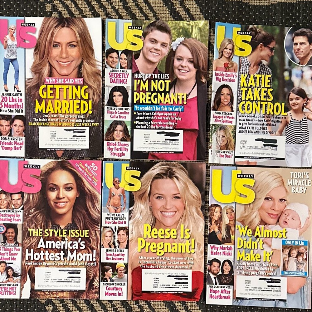 Lot of 6 US Weekly Magazines 2012 Celebrity Jennifer Aniston Beyonce Reese